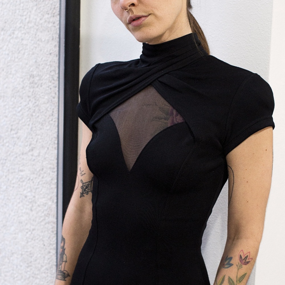 Black Bold Shoulder Cut Out Mock Neck Evening Gown